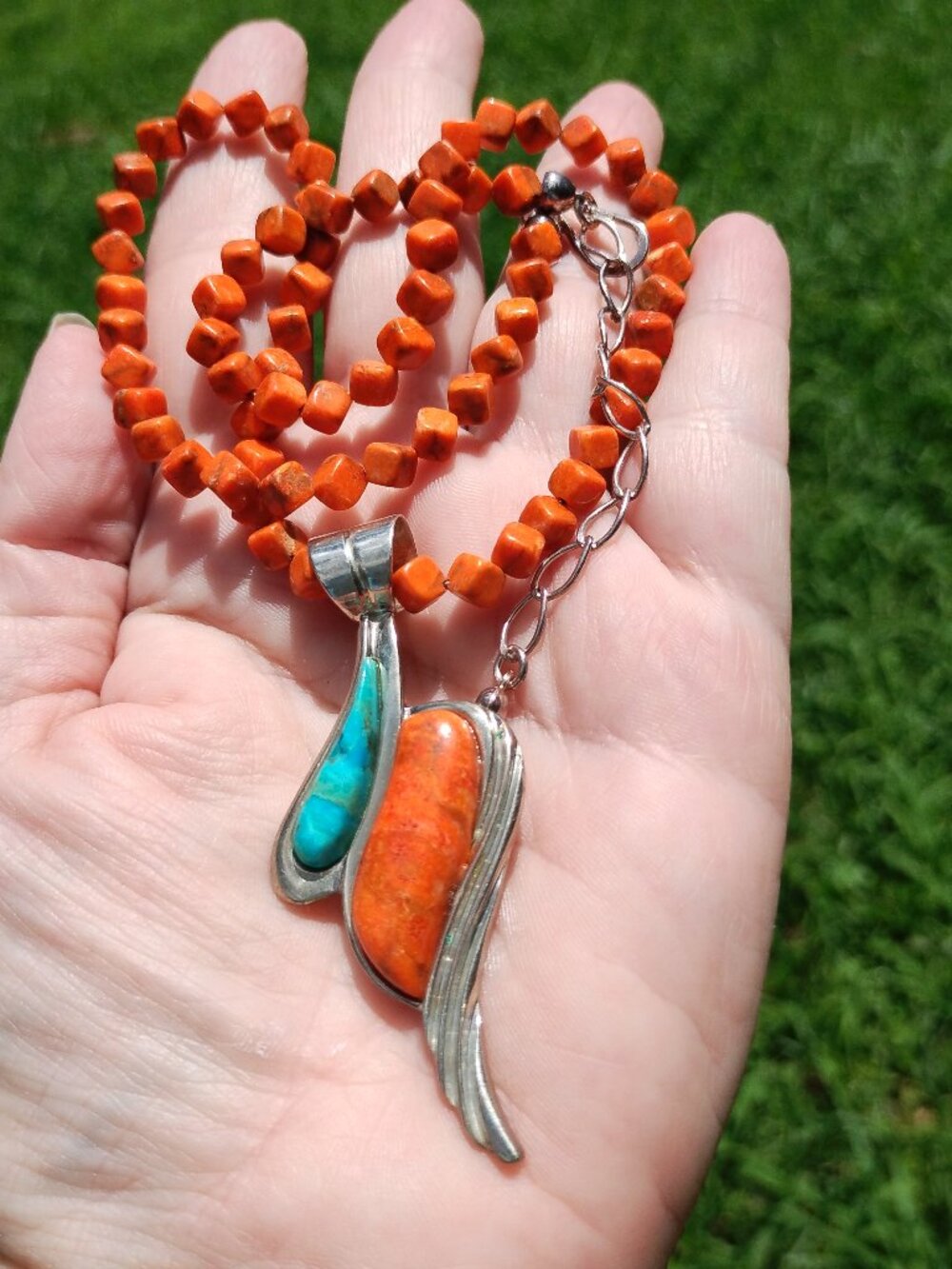 Jay King DTR mine finds coral necklace Turquoise inlay pendant 925 Sterling Silv - Picture 5 of 7